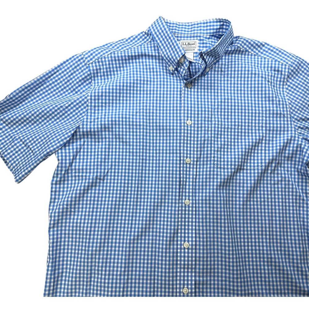 L.L. BEAN Men's L TALL Traditional Blue Gingham Short Sleeve Button Down Shirt - Picture 5 of 11